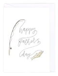 Greeting card with 'Happy Father's Day' text, fishing rod, and fish illustration on a white background.