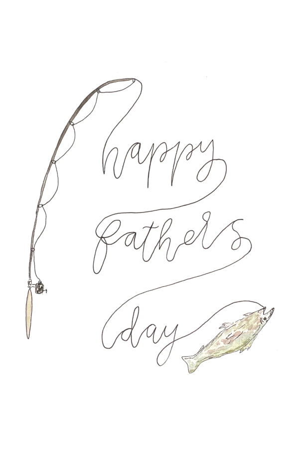 Fishing rod and fish illustration with 'Happy Father's Day' text on a white background