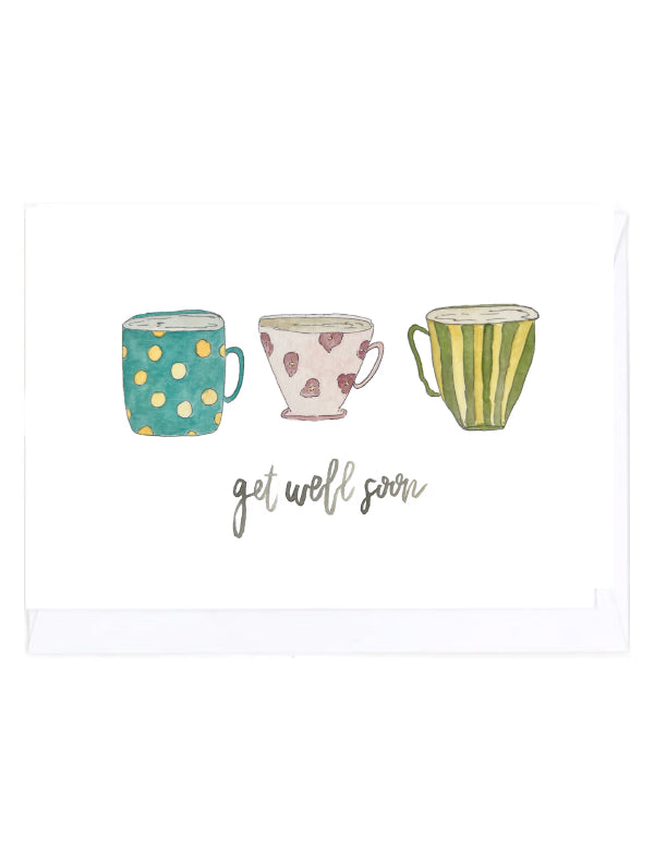 Card with three colorful teacups with a 'get well soon' message on a white background.