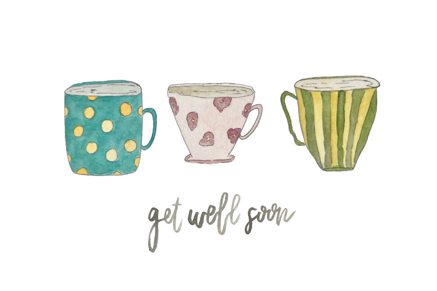Illustration of three colorful teacups with a 'get well soon' message on a white background.