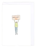 Greeting card with a person holding a 'GOOD LUCK!!' sign on a white background