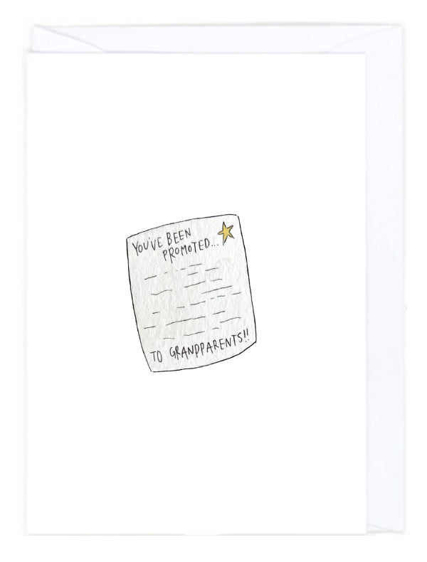 Greeting Card with an Illustration of a note saying 'You've been promoted to grandparents!' on a white background