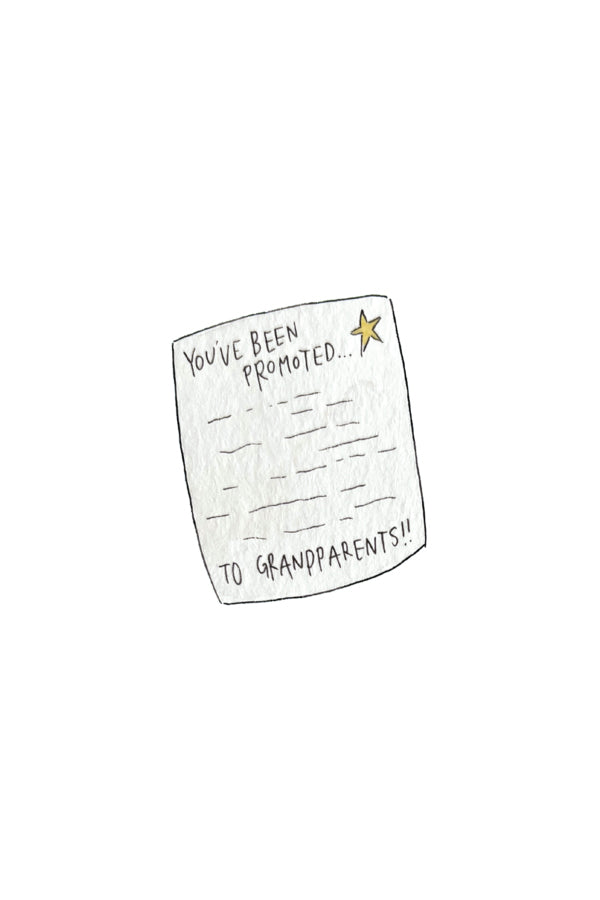 Illustration of a note saying 'You've been promoted to grandparents!' on a white background