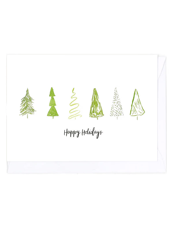 Greeting card with five green Christmas tree illustrations and 'Happy Holidays' text on a white background.