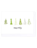 Greeting card with five green Christmas tree illustrations and 'Happy Holidays' text on a white background.