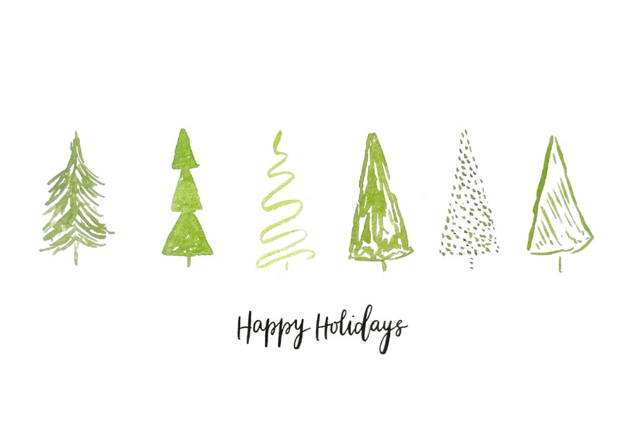 Watercolor christmas trees and 'Happy Holidays' text on a white background