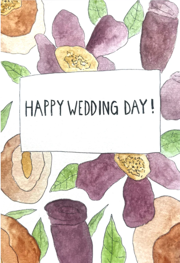 Card with watercolor flowers and 'Happy Wedding Day!' text on a white background