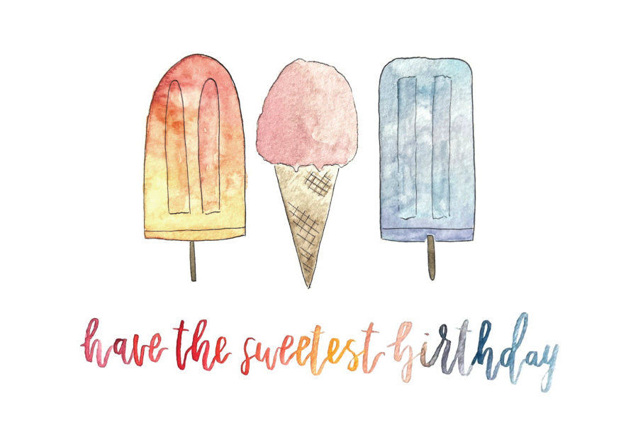 Illustration of ice cream cones and a popsicle with 'Have the sweetest birthday' text on a white background.