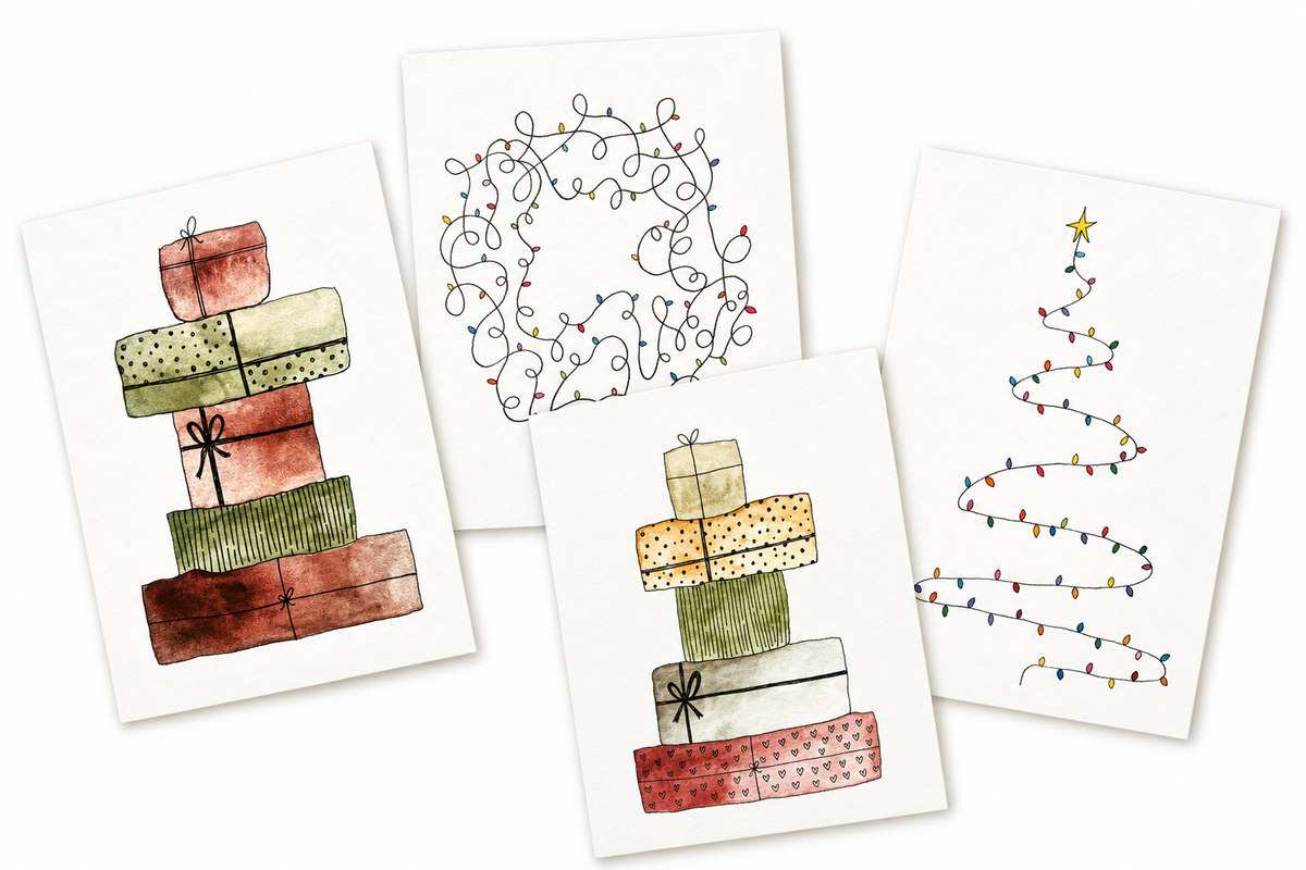 Collage of four holiday watercolor greeting cards on a white background