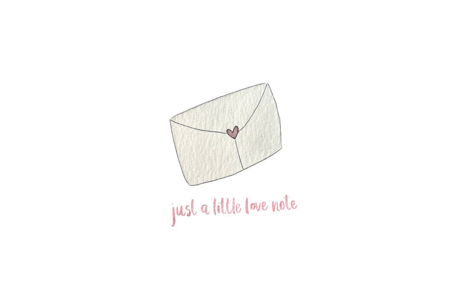 Illustration of a white envelope with pink heart and text 'just a little love note' on a white background