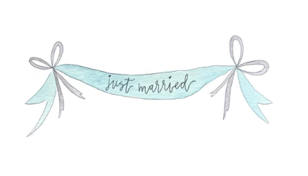 Card with 'just married' blue banner and purple ribbons design on a white background