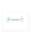 Card with 'just married' blue banner and purple ribbons design on a white background