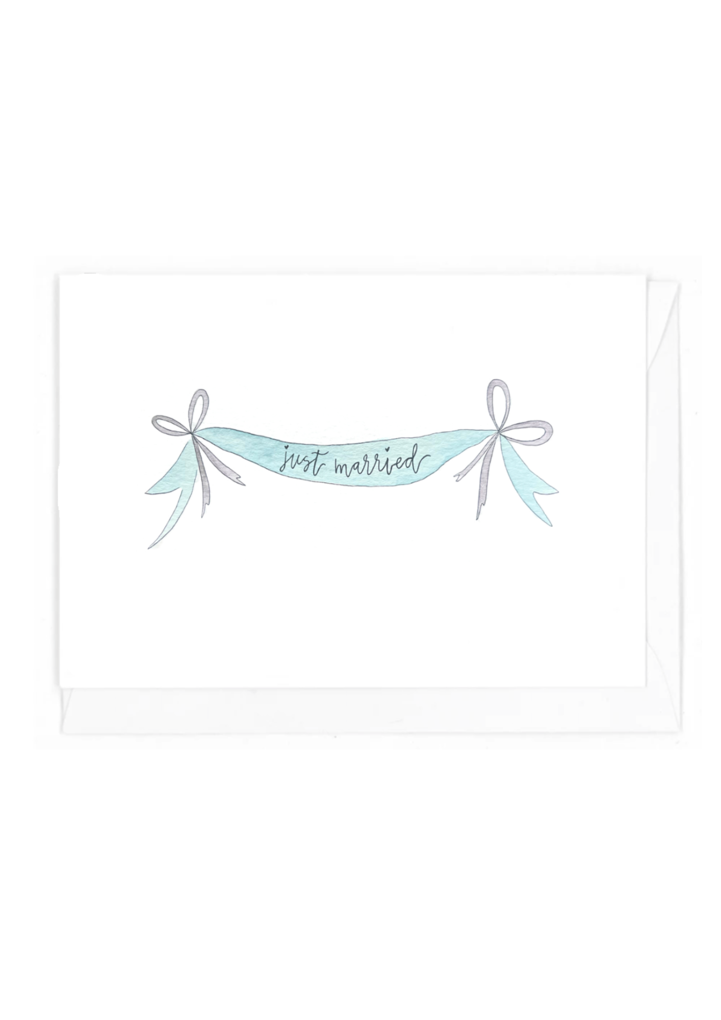 Card with 'just married' blue banner and purple ribbons design on a white background