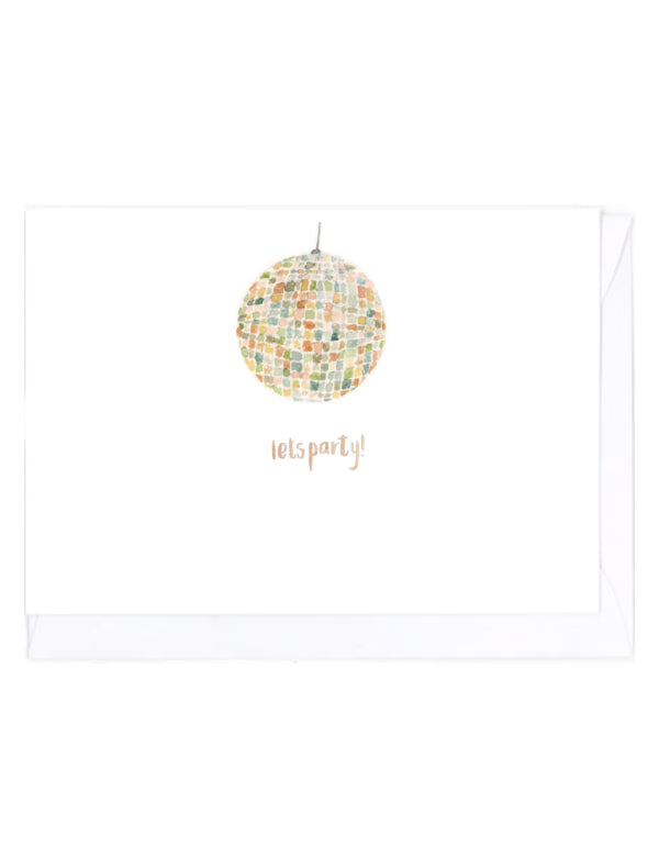 Card with a colorful disco ball with 'let's party!' text on a white background