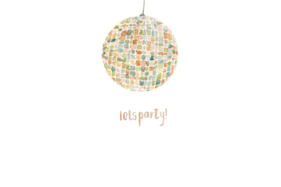 Illustration of a colorful disco ball with 'lets party!' text on a white background.