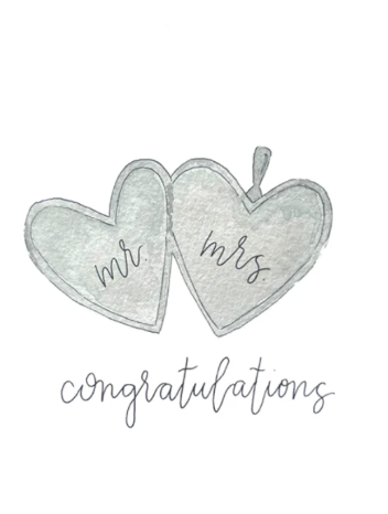 Two heart-shaped pots with 'Mr' and 'Mrs' text and 'Congratulations' below on a white background.