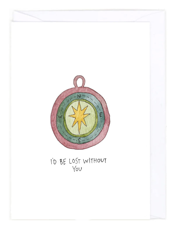 Greeting card with an illustration of a compass and the text 'I'd be lost without you' on a white background