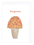 Greeting card with a vase full of orange, yellow and red flowers with the text "love you mom", on a white background.