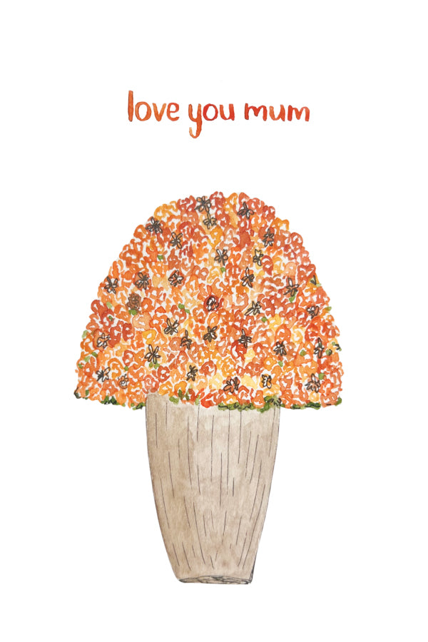 Illustration of a vase full of orange, yellow and red flowers with the text "love you mom", on a white background.