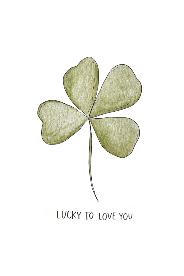 Four-leaf clover illustration with 'Lucky to Love You' text on a white background