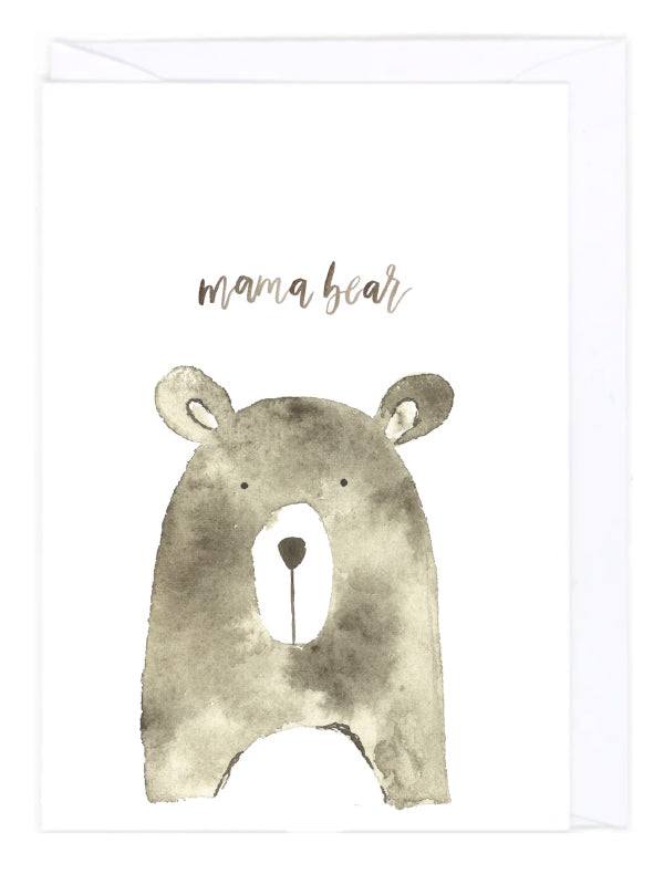 Greeting card with a watercolor painted bear with 'mama bear' text on a white background