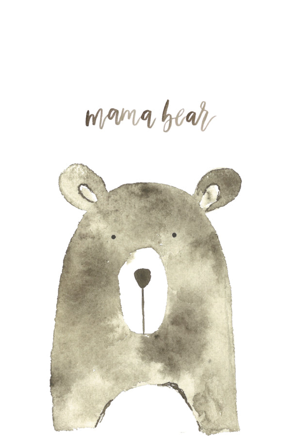 Watercolor of a bear with 'mama bear' text on a white background