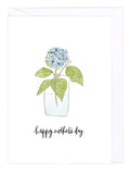Greeting Card with an Illustration of a vase with a blue hydrangea and 'Happy Mother's Day' text on a white background
