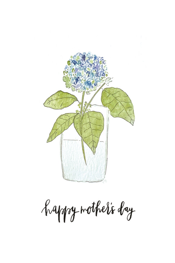 Illustration of a vase with a blue hydrangea and 'Happy Mother's Day' text on a white background