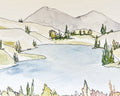 Watercolor landscape of a lake with mountains and trees