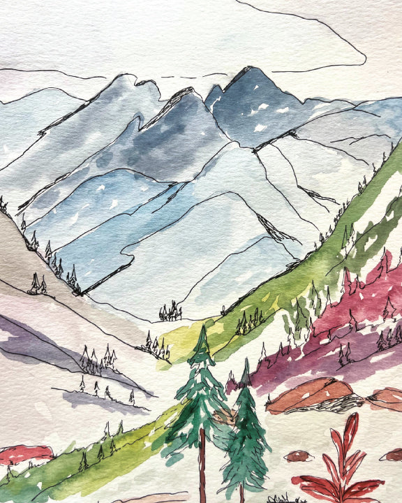 Drawing of a mountain landscape with trees and rocks.