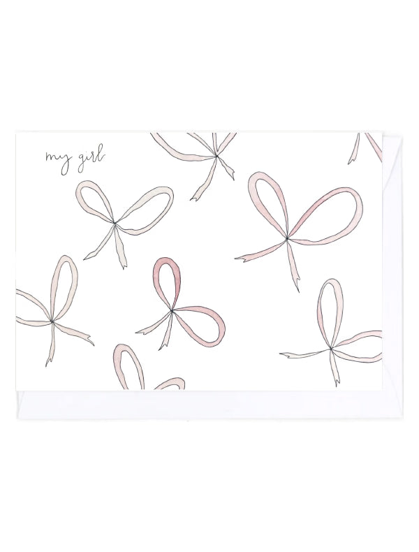 Card with decorative pink bows and 'my girl' text on a white background
