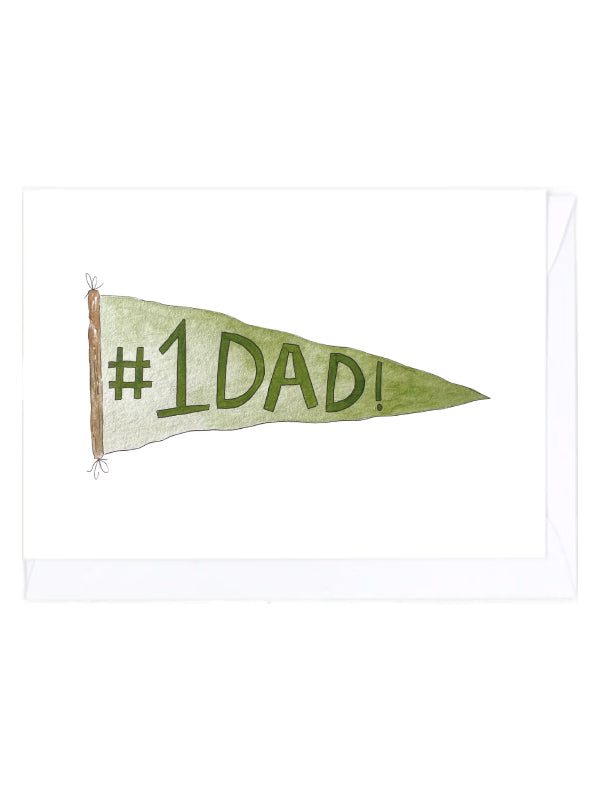 Greeting card with a green pennant with '#1 DAD!' text on a white background