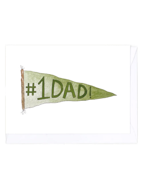 Greeting card with a green pennant with '#1 DAD!' text on a white background