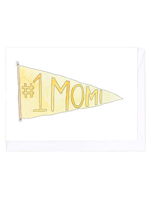 Greeting card with yellow pennant with '#1 MOM!' text on a white background