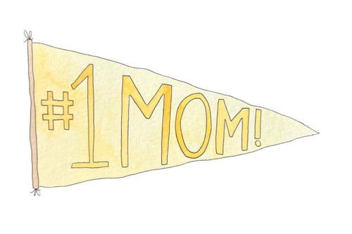 Illustrated yellow pennant with '#1 MOM!' text on a white background