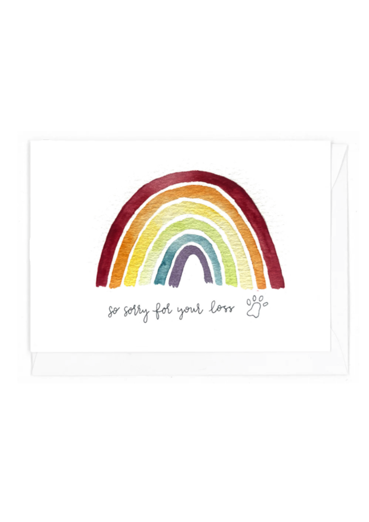 Colorful rainbow on a white background with text that reads sorry for your loss with a pawprint