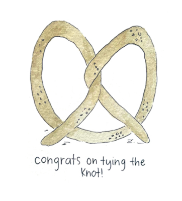 Card with intertwined pretzel rings and 'Congrats on tying the knot!' text on a white background