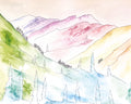 Colorful watercolor painting of mountains and trees