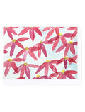 Watercolor floral patterned card with pink flowers on a white and blue background