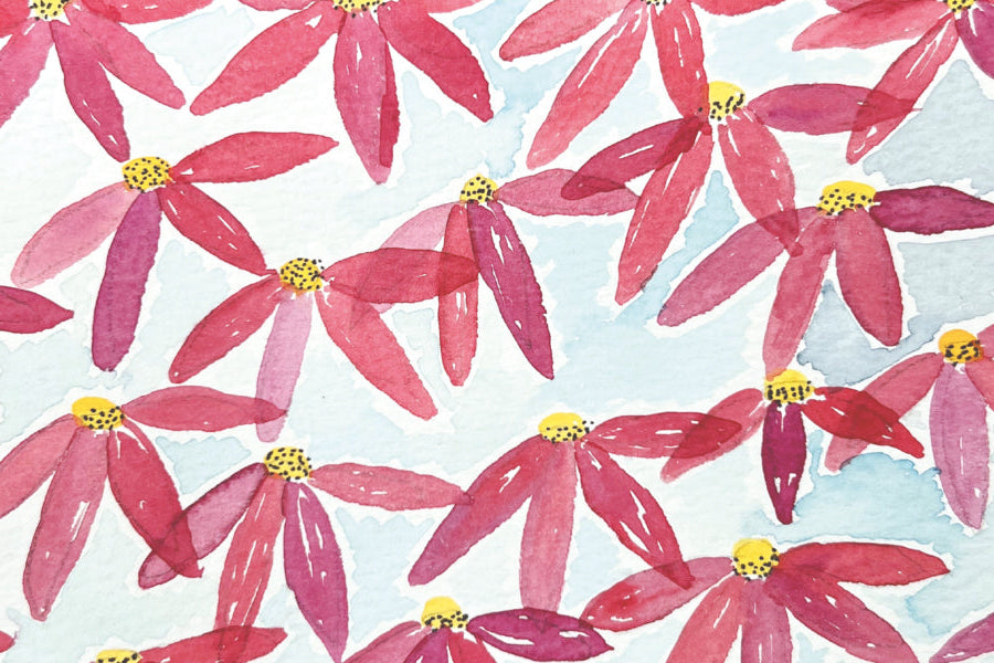 Watercolor floral patterned card with pink flowers on a blue background