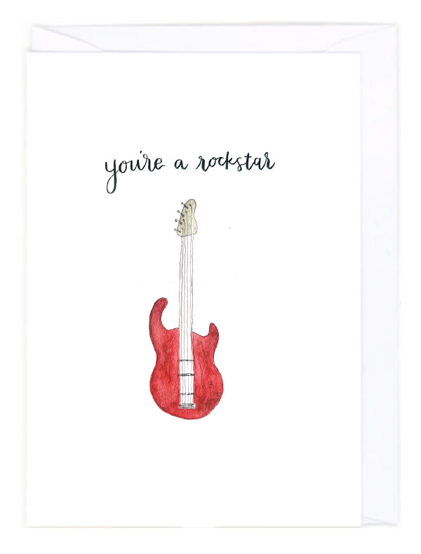 Greeting card with an illustration of a red electric guitar on a white background with 'you're a rockstar' text.