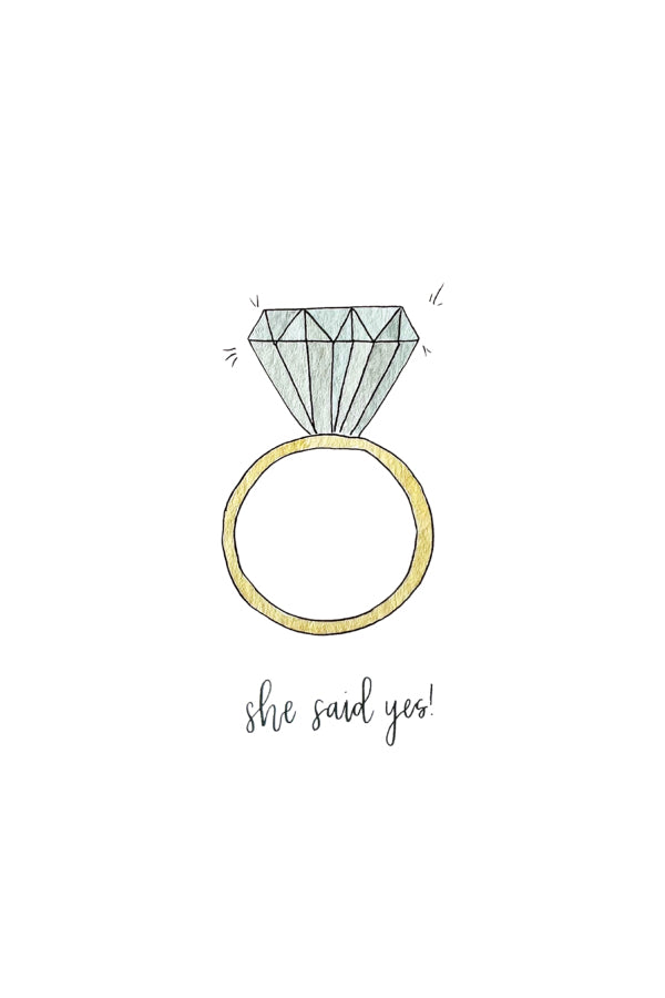 Illustration of a diamond ring with 'she said yes' text on a white background