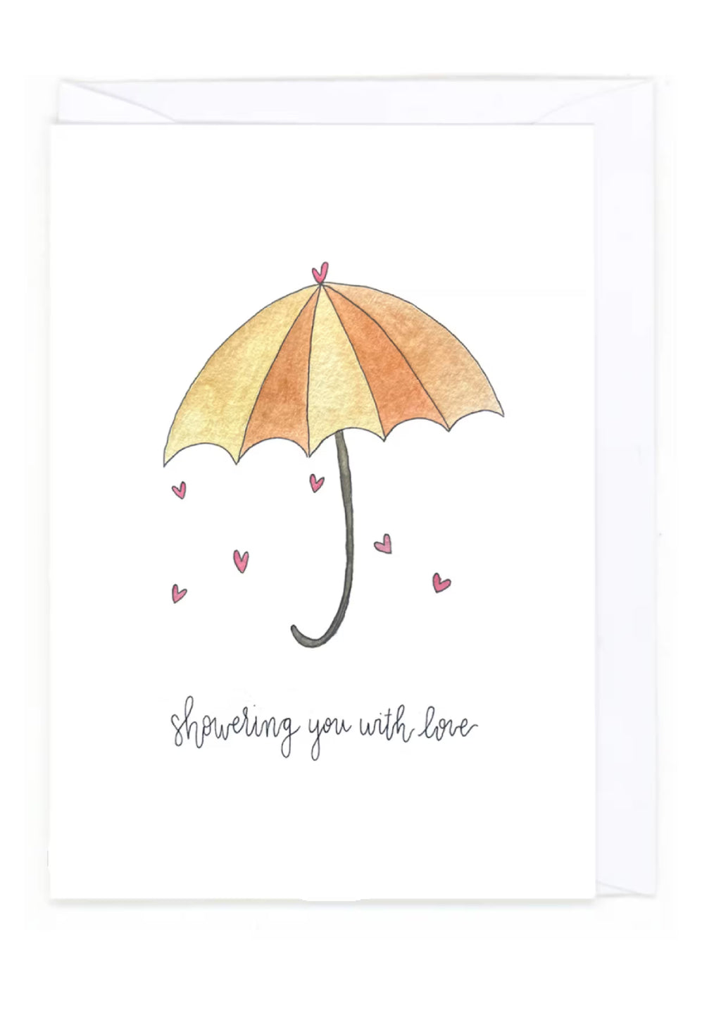 Illustration of an umbrella with hearts and text 'showering you with love' on a white background