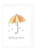 Illustration of an umbrella with hearts and text 'showering you with love' on a white background
