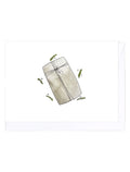 Illustration of a present in grey paper with mistletoes on a white background