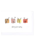 Greeting card with colorful square illustrations and 'thank you for everything' text on a white background.