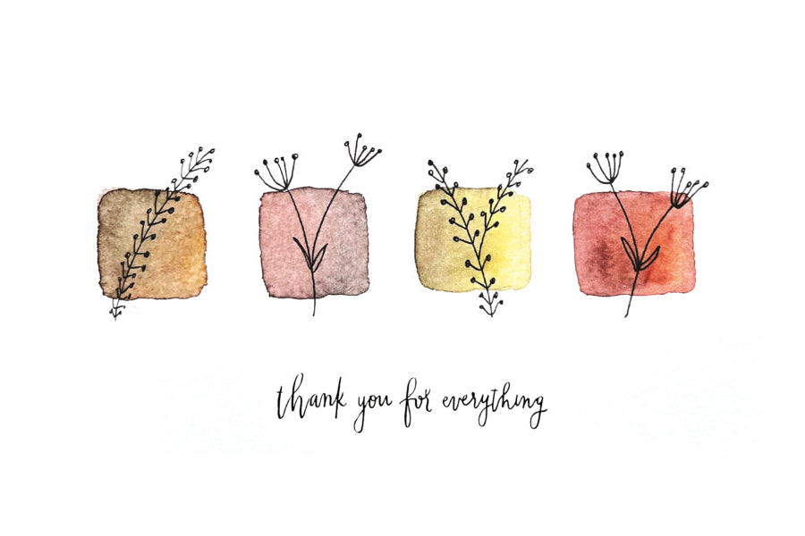 Four watercolor squares with floral elements and text saying "thank you for everything" on a white background