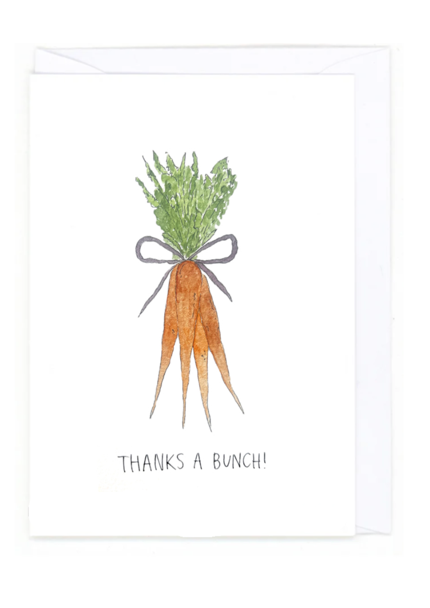 Card with a bundle of carrots and greenery tied with a ribbon, and 'Thanks a Bunch!' text on a white background.