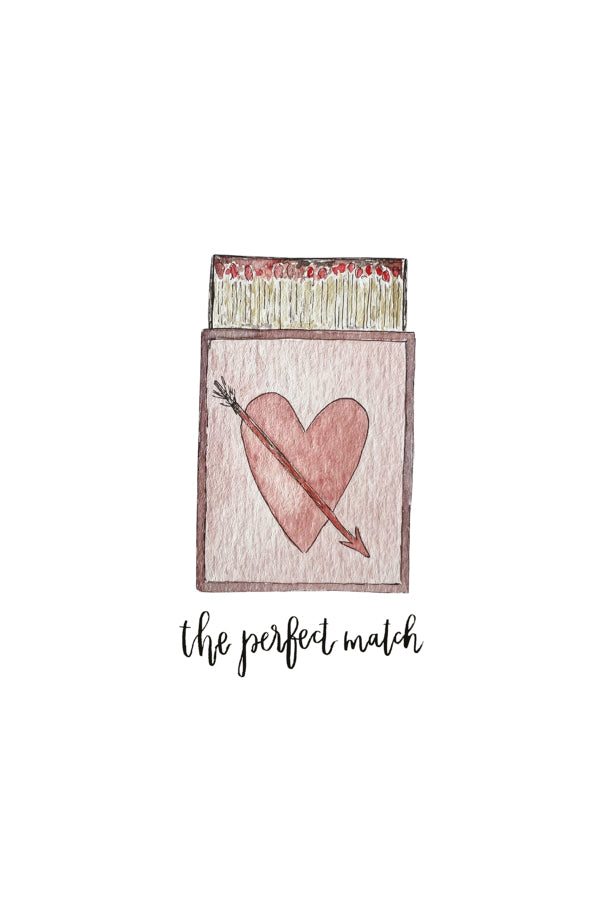 Illustration of a matchbox with a heart and arrow design and text 'the perfect match' on a white background