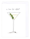 Greeting card with an illustration of a martini glass with olives and text 'a tini bit older!!!' on a white background